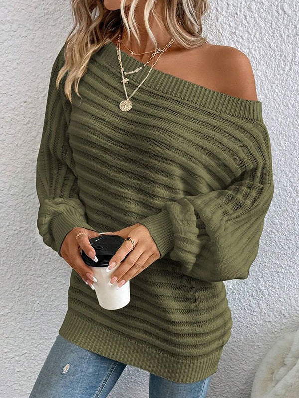 Striped batwing sleeve pullover knitted sweater