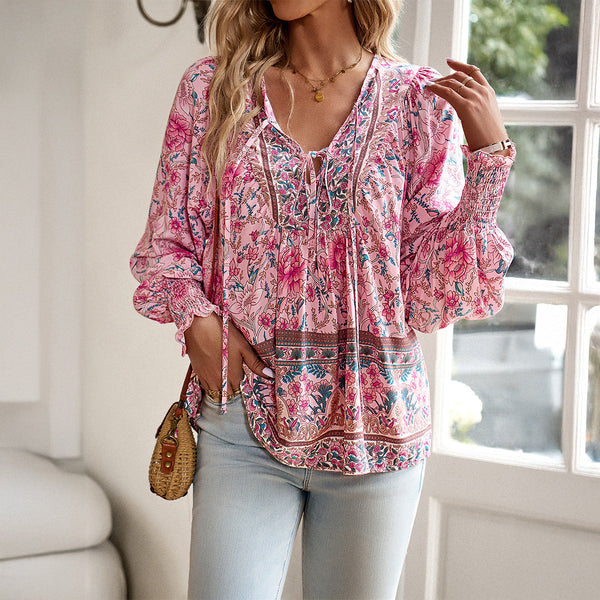 Holiday-style rayon printed lace-up long-sleeved shirt