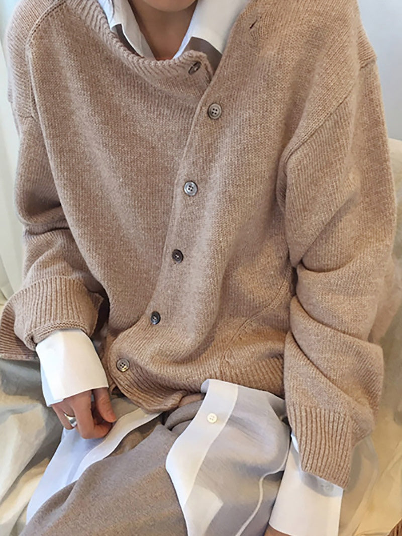 Slanted button irregular design lazy style sweater
