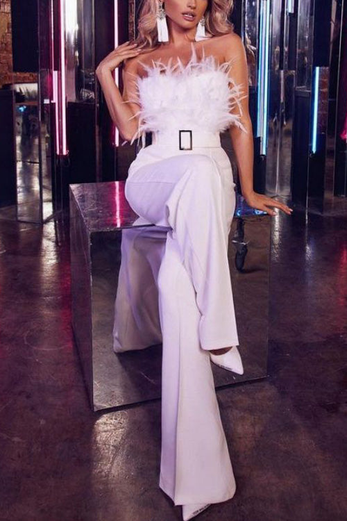 Feather Sexy Off Shoulder Sleeveless Slim Jumpsuit