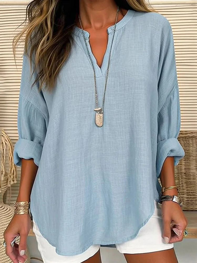 Solid Color V-Neck Long Sleeved Loose Casual Blouse