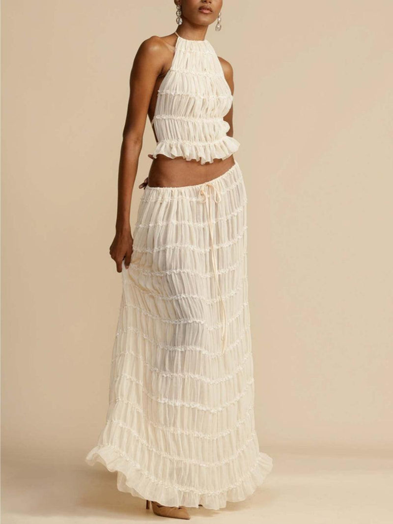 Pleated Drawstring Charm Waist Tiered Maxi Skirt Suit
