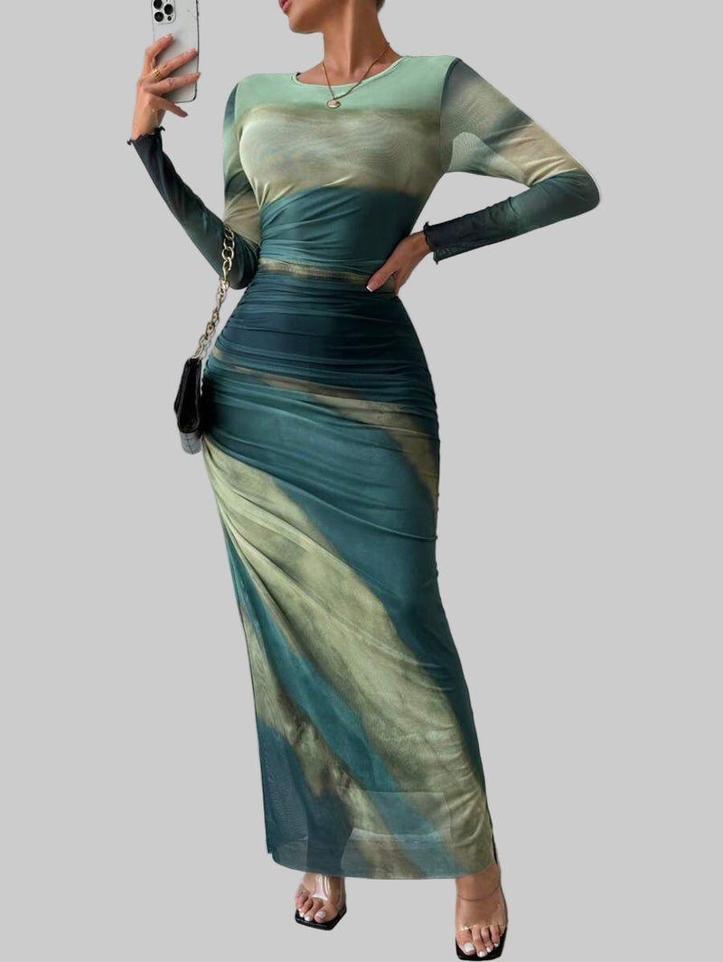 Natalia | Vestido Maxi Bodycon de Manga Larga Impreso y Cómodo