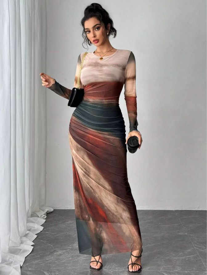 Natalia | Vestido Maxi Bodycon de Manga Larga Impreso y Cómodo