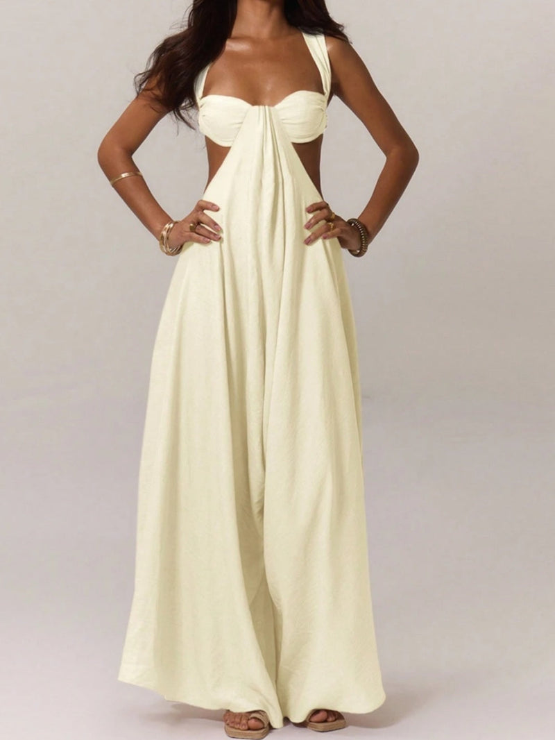 Paneled pleated wide-leg jumpsuit