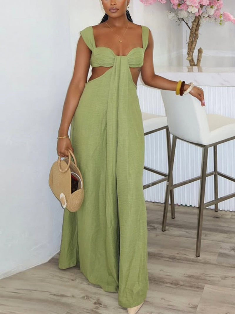 Paneled pleated wide-leg jumpsuit