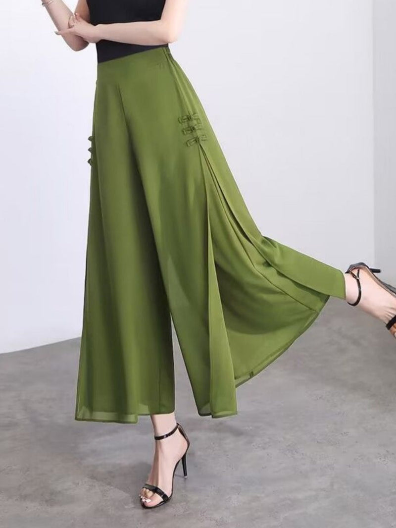 Slit drape chiffon cropped wide-leg pants