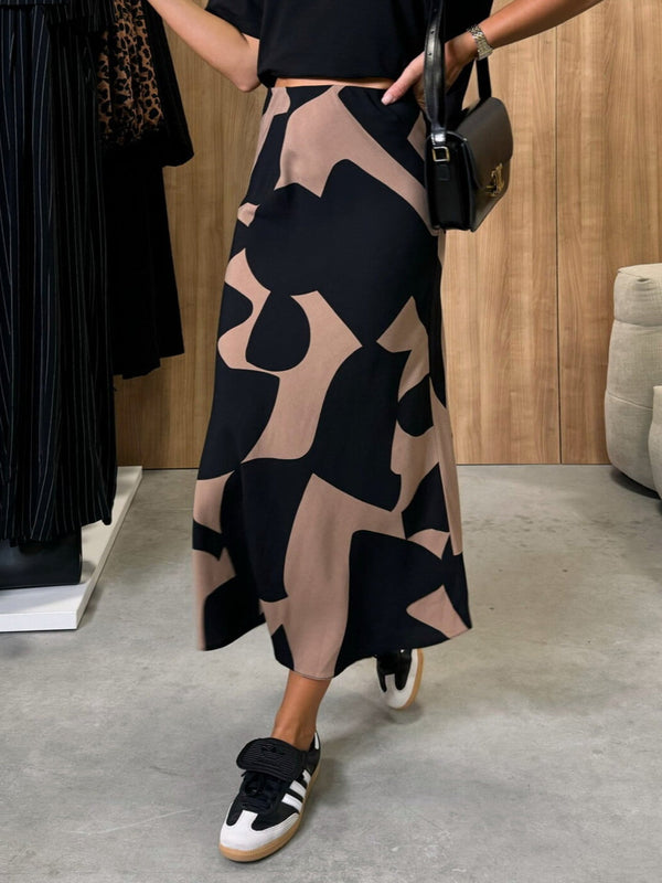 Colorblock Print Satin Skirt