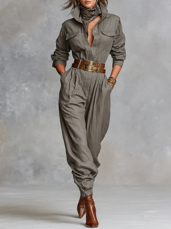 Cotton And Linen Blended Long Sleeve Shirt Jumpsuit