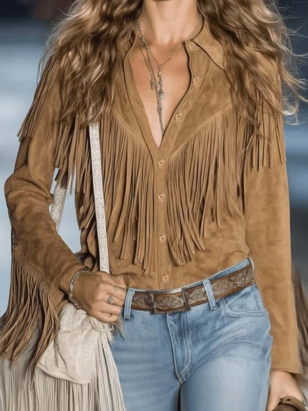 Vintage Brown Button-Down Tassel Suede Long Sleeve Shirt Top