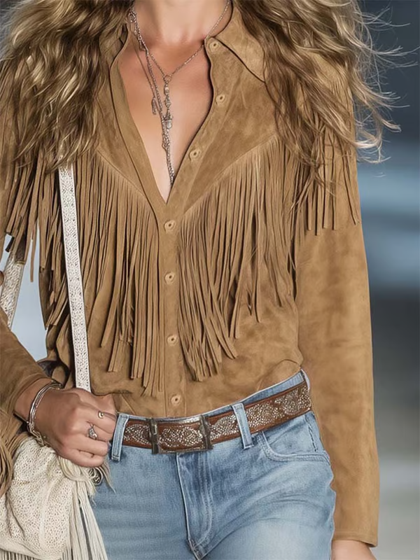 Vintage Brown Button-Down Tassel Suede Long Sleeve Shirt Top