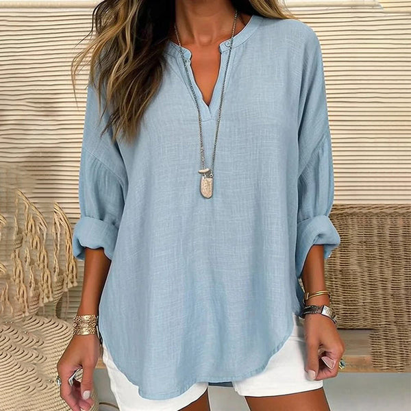 Solid Color V-Neck Long Sleeved Loose Casual Blouse