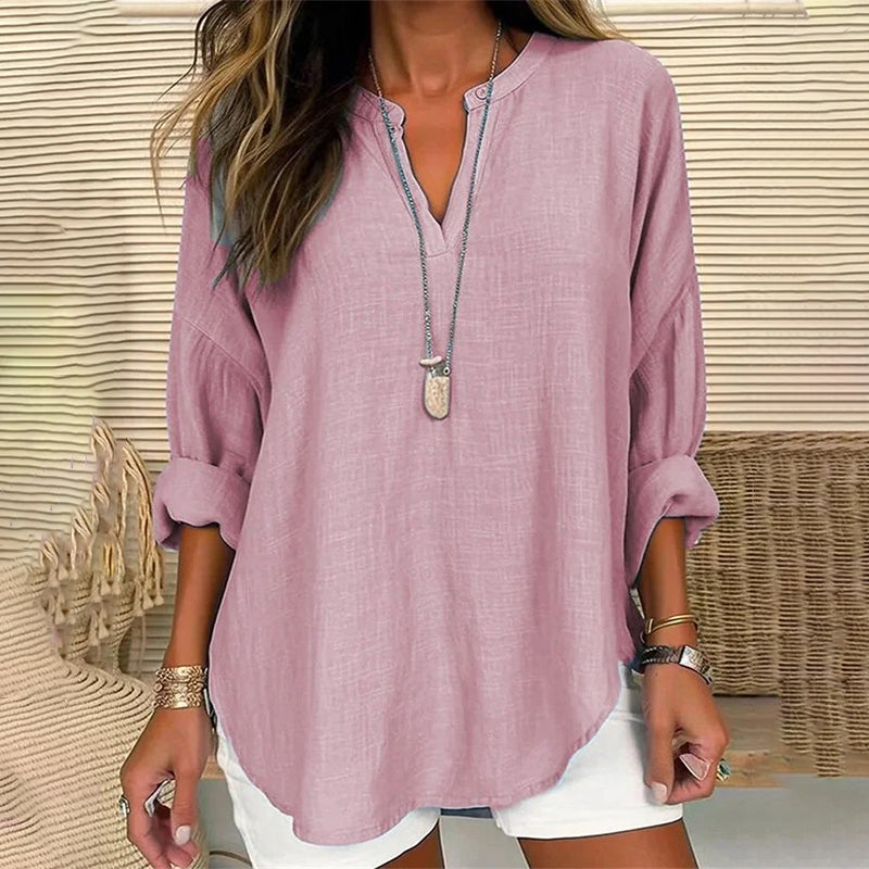 Solid Color V-Neck Long Sleeved Loose Casual Blouse