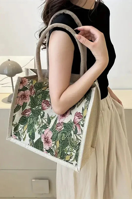 Bolsa de Yute con Estampado Floral y Diseño Ecológico - Perfecta para un Estilo Natural y Responsable