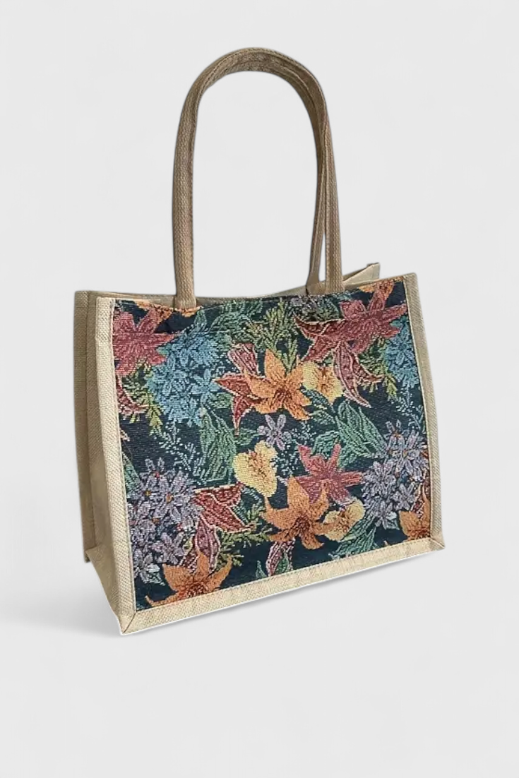 Bolsa de Yute con Estampado Floral y Diseño Ecológico - Perfecta para un Estilo Natural y Responsable