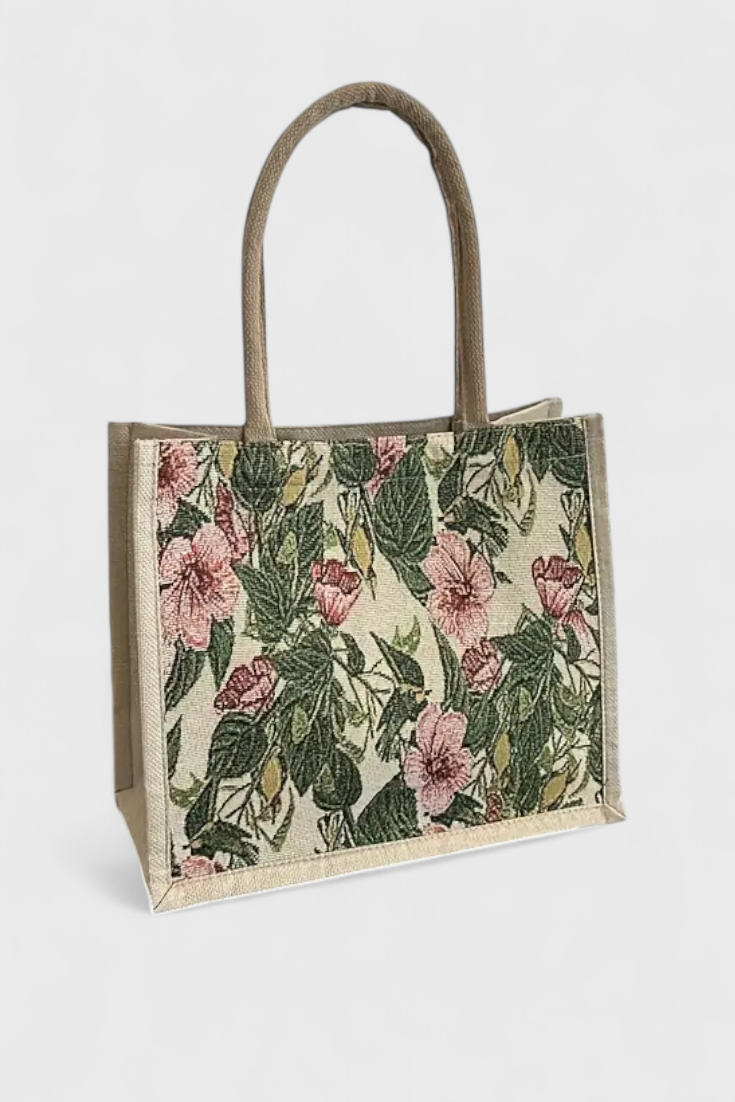 Bolsa de Yute con Estampado Floral y Diseño Ecológico - Perfecta para un Estilo Natural y Responsable