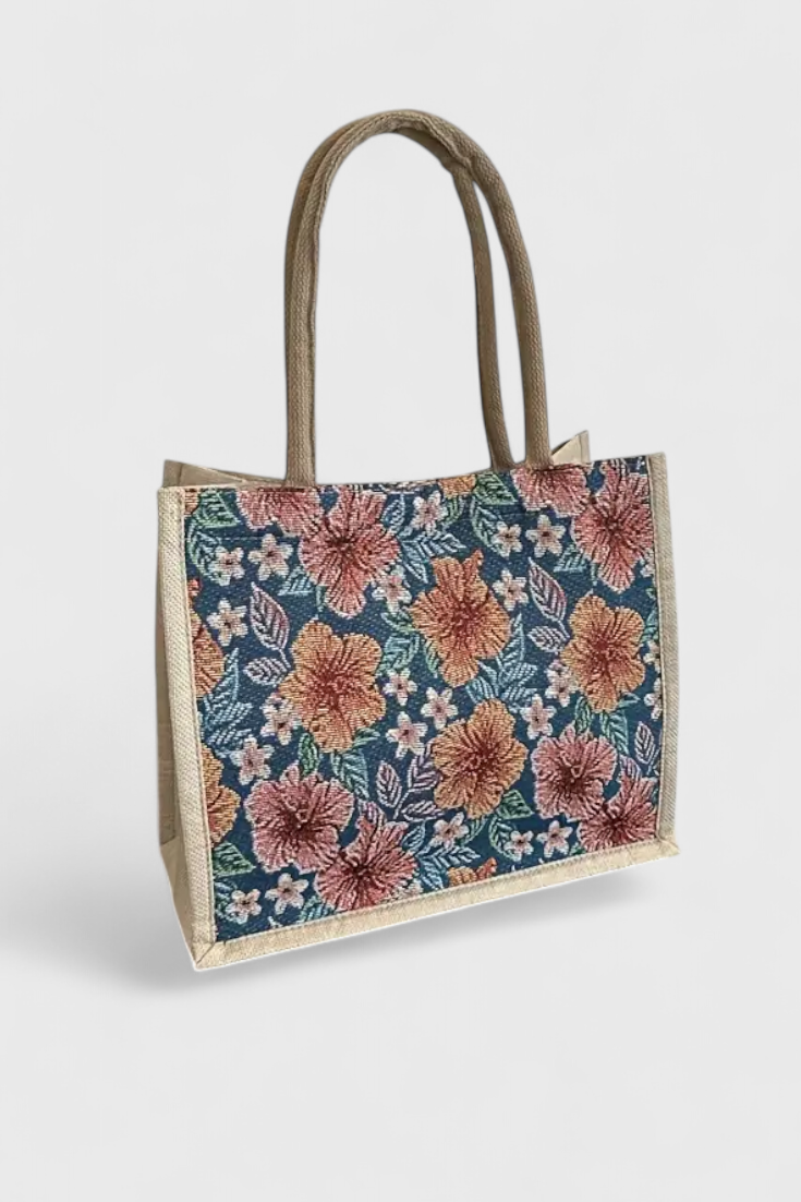 Bolsa de Yute con Estampado Floral y Diseño Ecológico - Perfecta para un Estilo Natural y Responsable
