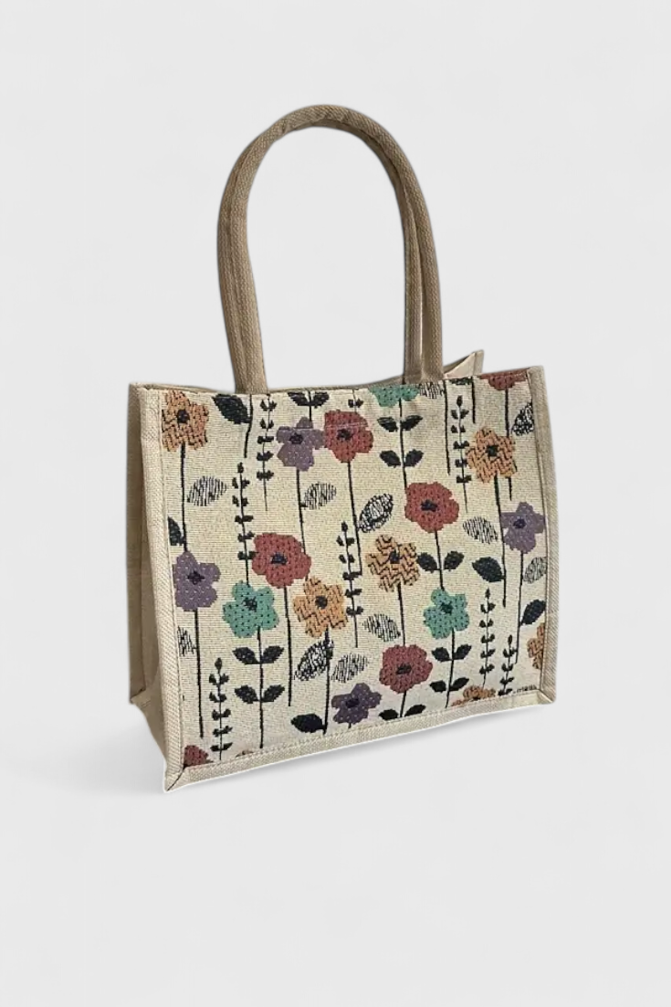 Bolsa de Yute con Estampado Floral y Diseño Ecológico - Perfecta para un Estilo Natural y Responsable