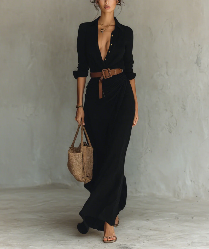 Nuria | Vestido Maxi Largo con Cuello Invertido