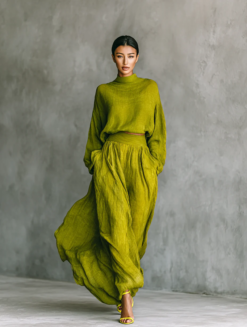 Pilar | Traje de mujer verde en mezcla de algodón y lino